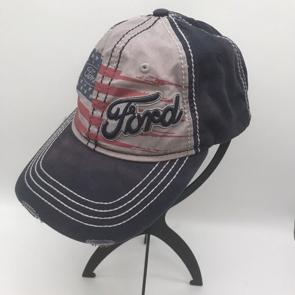 Ford Motor Logo American Flag Distressed Baseball Cap H3 Headwear Adjustable Hat - Picture 2 of 8